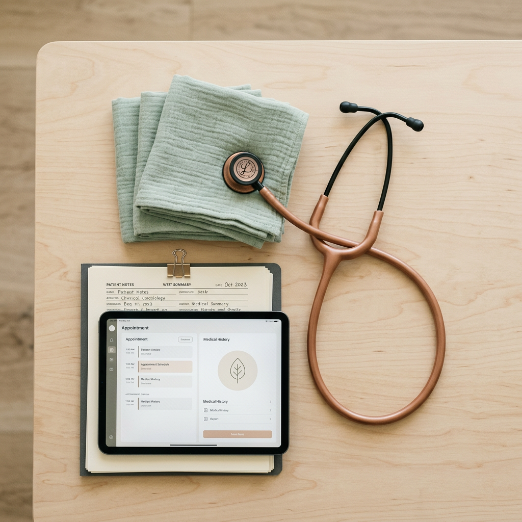 Overhead view of clinical wound care supplies arranged on a wood surface.