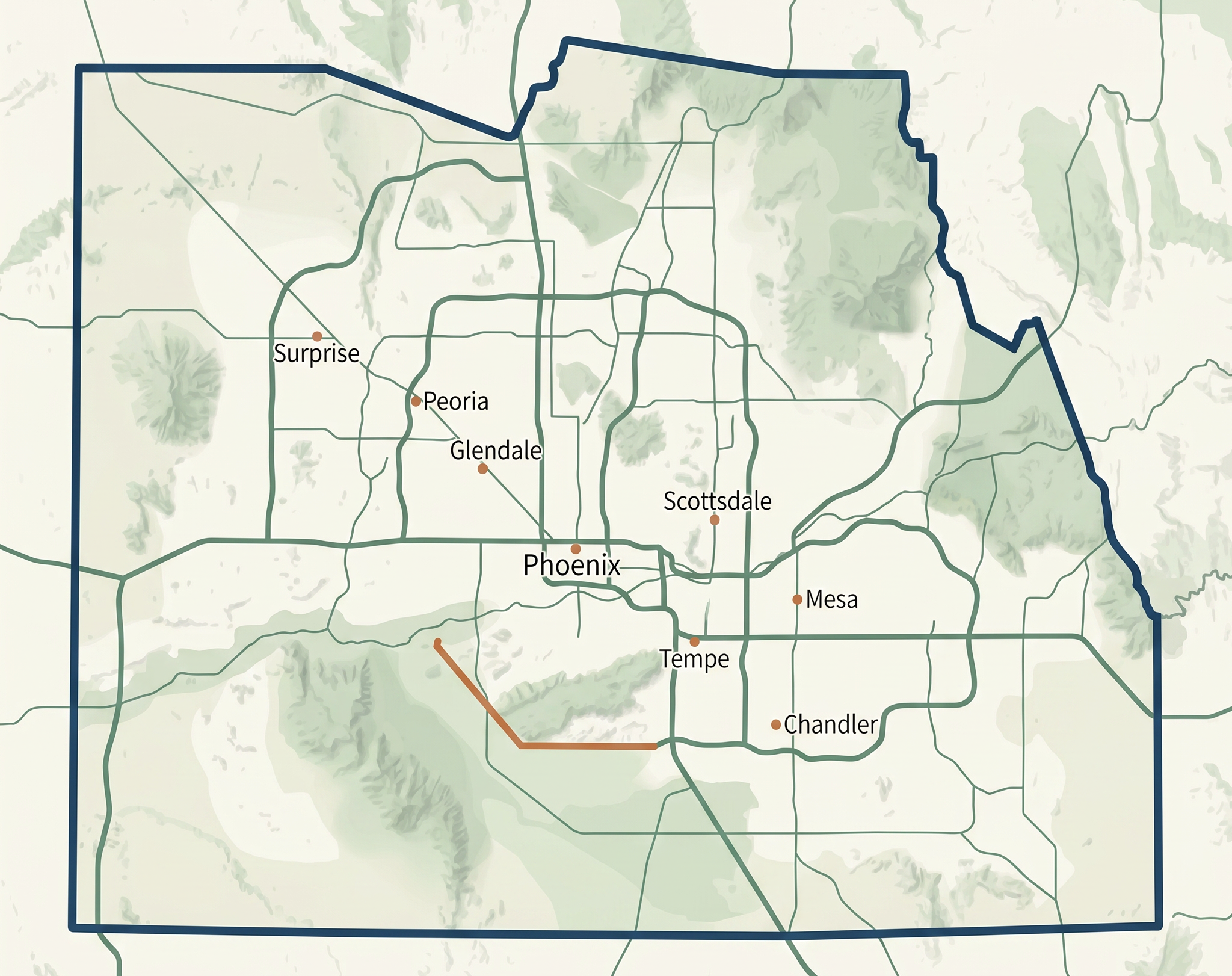 Illustrated map of TruMend Wound Care service area across Maricopa County, Arizona including Phoenix, Scottsdale, Mesa, Tempe, Chandler, Glendale, Peoria, and Surprise