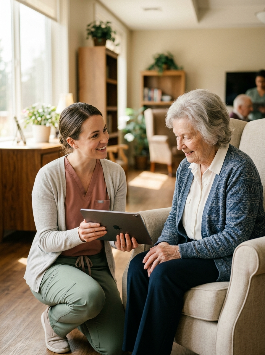 Nurse practitioner kneeling beside an elderly resident in a sunlit assisted living common room, smiling and reviewing care notes on a tablet.