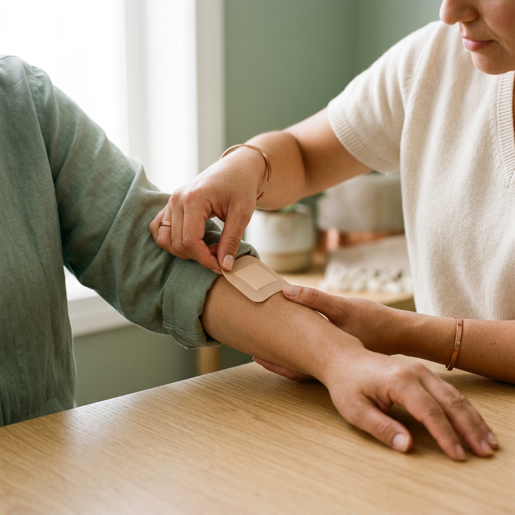Close-up of a clinician's hands gently placing a clean adhesive dressing on a patient's clothed forearm.